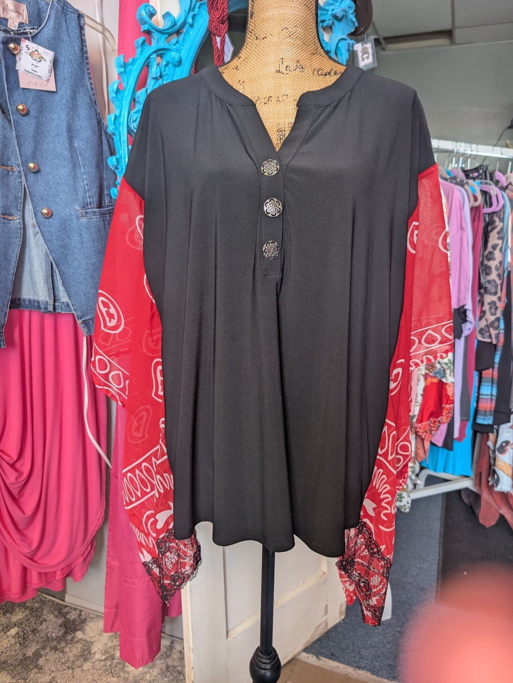 Black Poncho Tunic Top with Red Bandana Sleeves